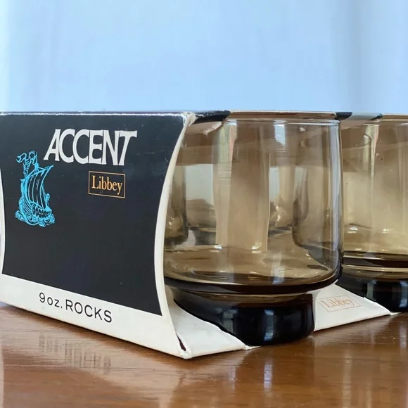 {SOLD} NIB Set mid-century modern smoky rock glasses by Libbey Co - Picture 9 of 12